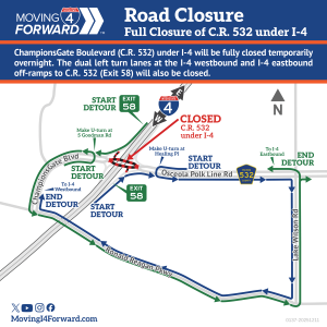Detour map showing a full closure of County Road 532 under Interstate 4.