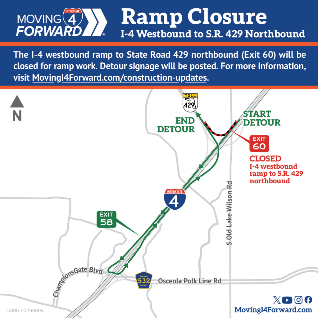 Detour map showing route when I-4 westbound to State road 429 ramp is closed.