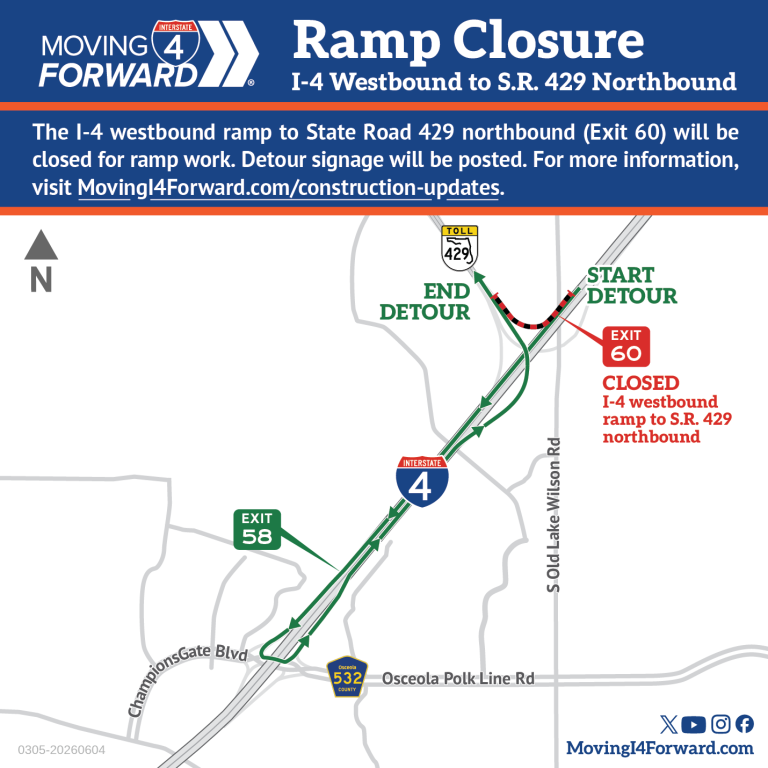 Detour map showing route when I-4 westbound to State road 429 ramp is closed.