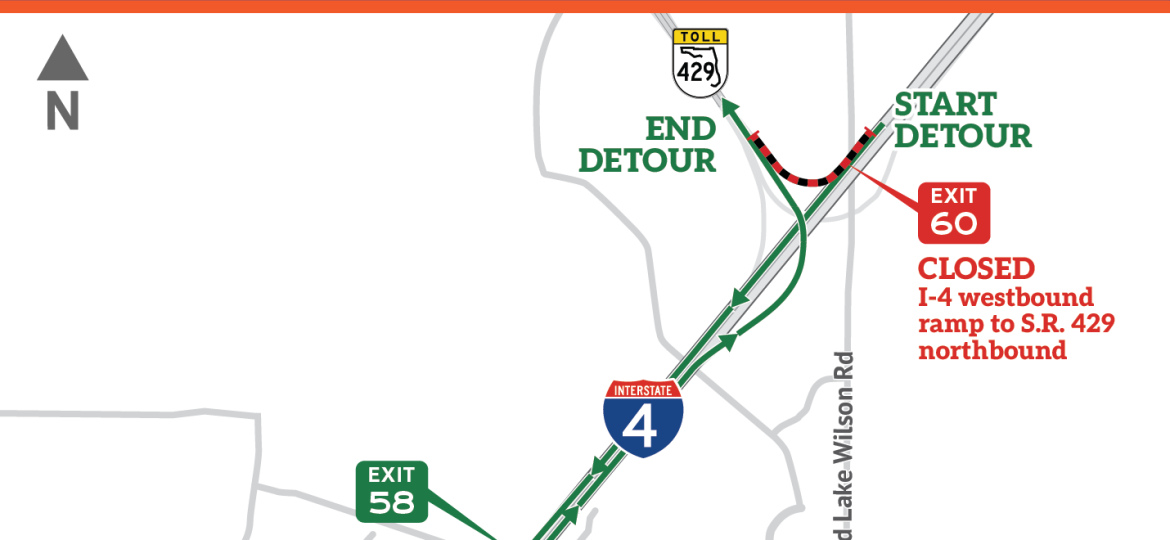 Detour map showing route when I-4 westbound to State road 429 ramp is closed.