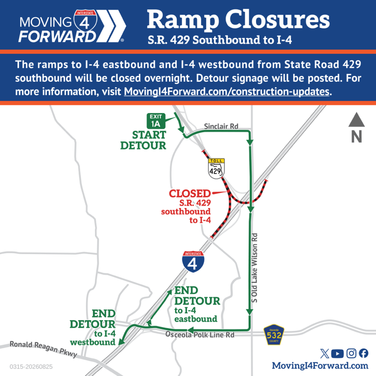 Ramp Closures: S.R. 429 southbound ramps to I-4 eastbound and westbound