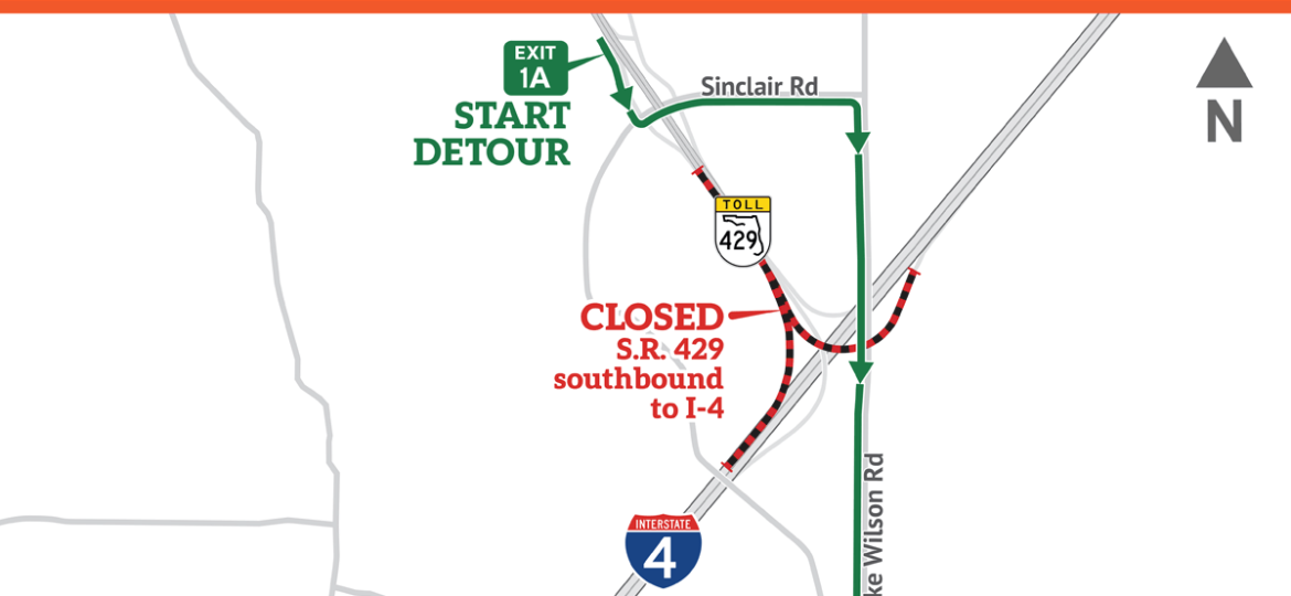 Ramp Closures: S.R. 429 southbound ramps to I-4 eastbound and westbound