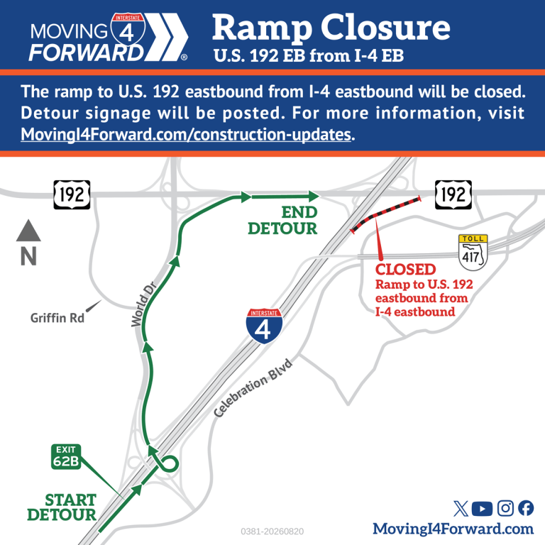 Ramp Closure: I-4 eastbound exit ramp to U.S. 192 eastbound (Exit 64)
