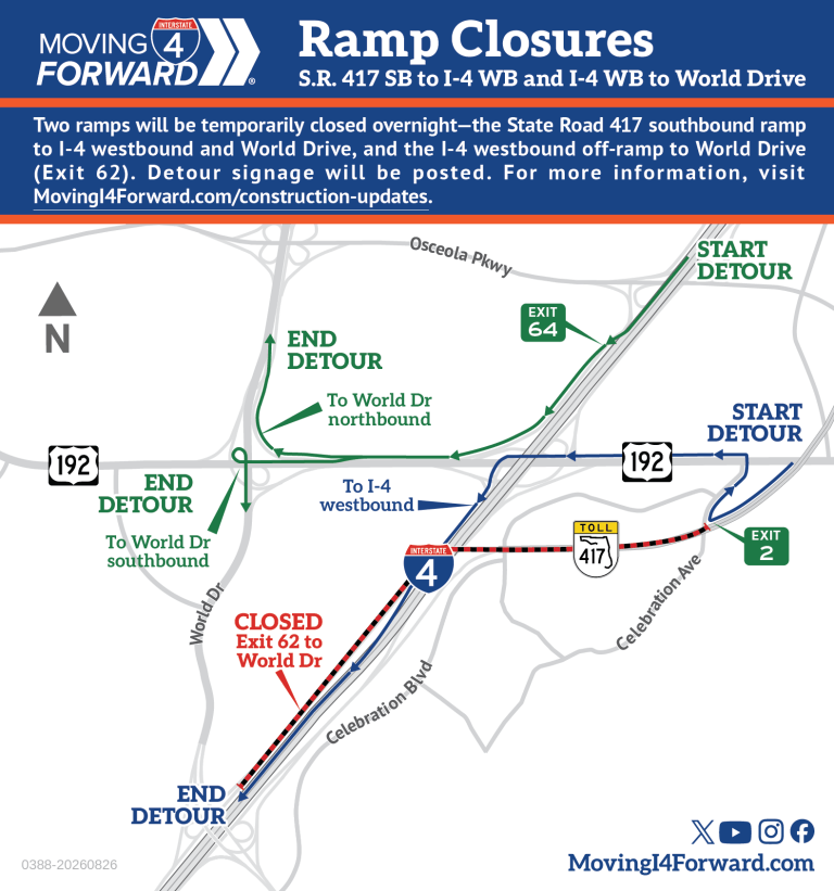 Ramp Closure: Exit ramp to S.R. 417 northbound/World Drive northbound from I-4 eastbound (Exit 62B) and World Drive ramps to the Collector-Distributor (C-D) Road