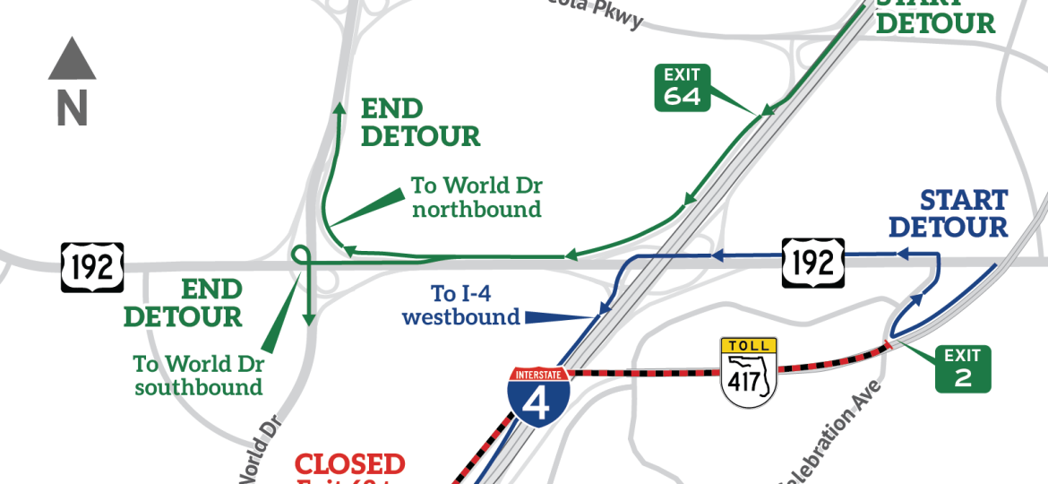 Ramp Closure: Exit ramp to S.R. 417 northbound/World Drive northbound from I-4 eastbound (Exit 62B) and World Drive ramps to the Collector-Distributor (C-D) Road