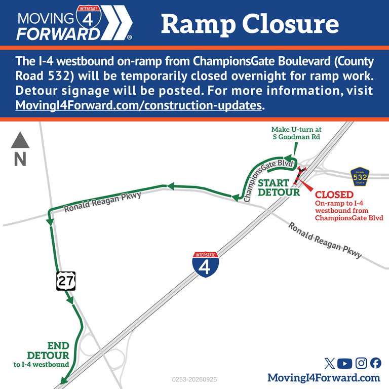 Ramp Closure: ChampionsGate Boulevard (County Road 532) to I-4 westbound