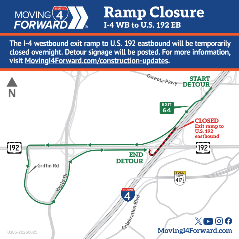 Ramp Closure: I-4 westbound exit ramp to U.S. 192 eastbound (Exit 64)