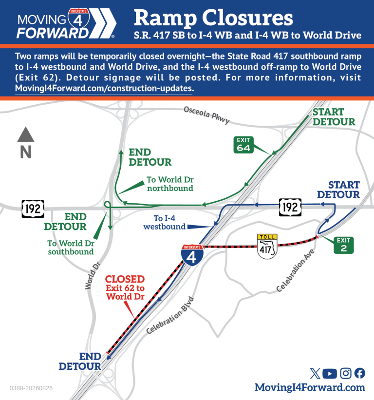 Ramp Closures: S.R. 417 southbound ramp to I-4 westbound and I-4 westbound ramp to World Drive (Exit 62)