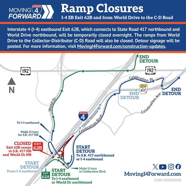 Ramp Closures: Exit ramp to S.R. 417 northbound/World Drive northbound from I-4 eastbound (Exit 62B) and from World Drive to the Collector-Distributor (C-D) Road