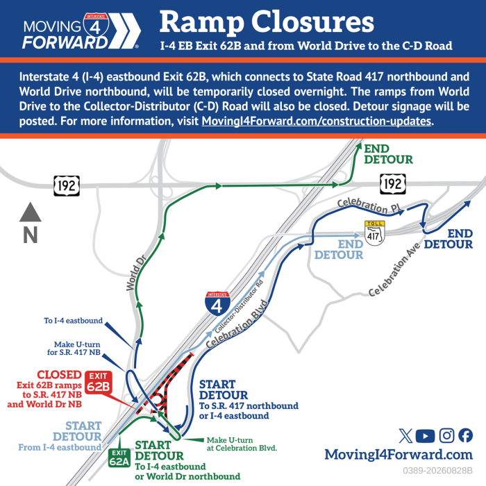 Ramp Closures: Exit ramp to S.R. 417 northbound/World Drive northbound from I-4 eastbound (Exit 62B) and from World Drive to the Collector-Distributor (C-D) Road