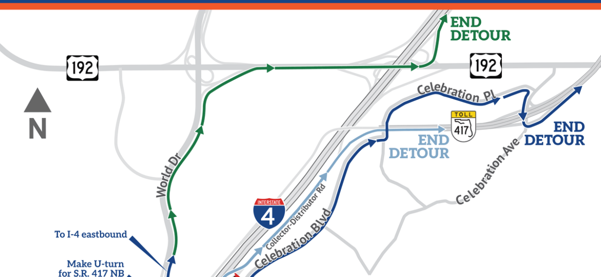 Ramp Closure: I-4 eastbound exit ramp to S.R. 417 northbound/World Drive northbound (Exit 62B) and World Drive ramps to the Collector-Distributor (C-D) Road