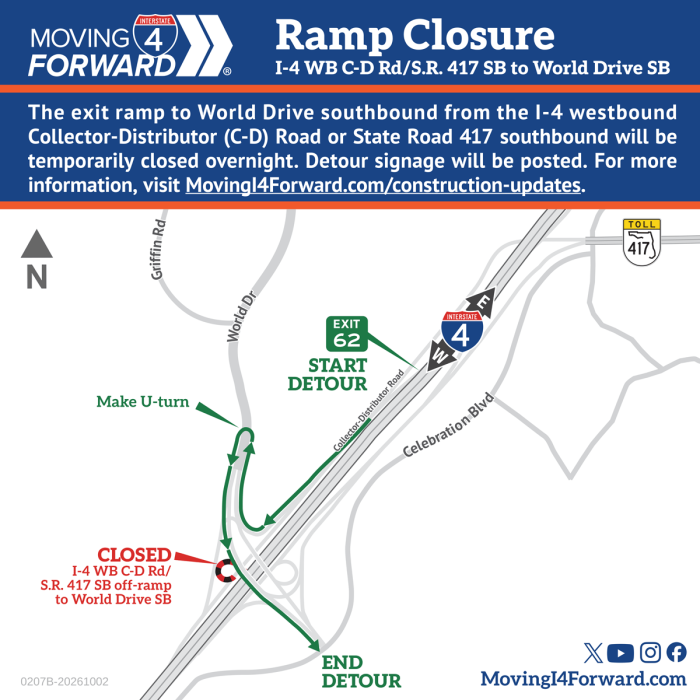 Detour map showing the World Drive southbound ramp closed from the I-4 westbound CD Road or Sr 417 southbound.