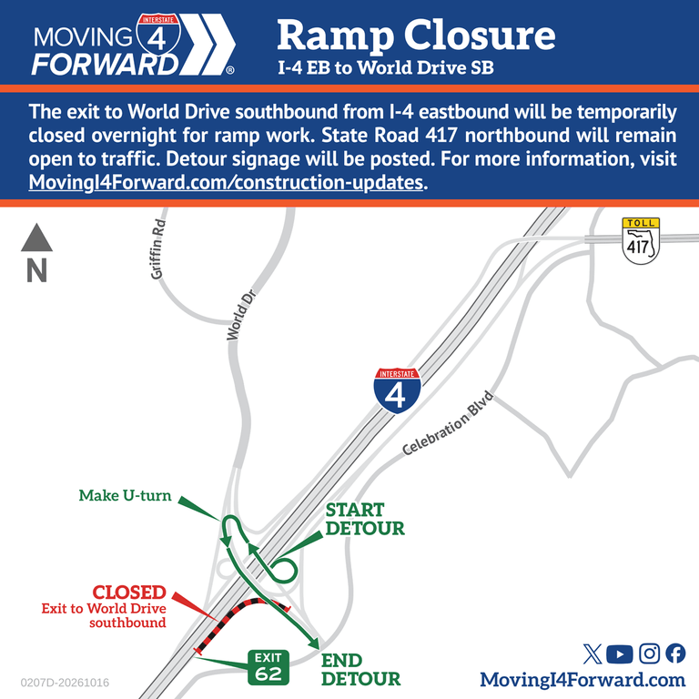 Ramp Closure: I-4 westbound Collector-Distributor (C-D) Road/State Road (S.R.) 417 southbound exit ramp to World Drive southbound