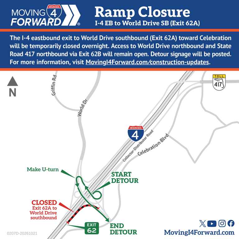 Ramp Closure: I-4 eastbound exit ramp to World Drive southbound