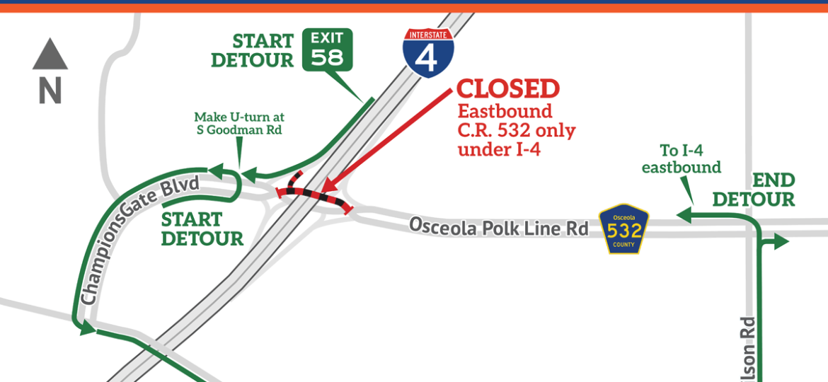 Road Closure: ChampionsGate Boulevard (C.R. 532) eastbound under I-4