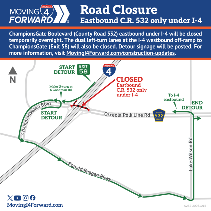 Road Closure: ChampionsGate Boulevard (C.R. 532) eastbound under I-4