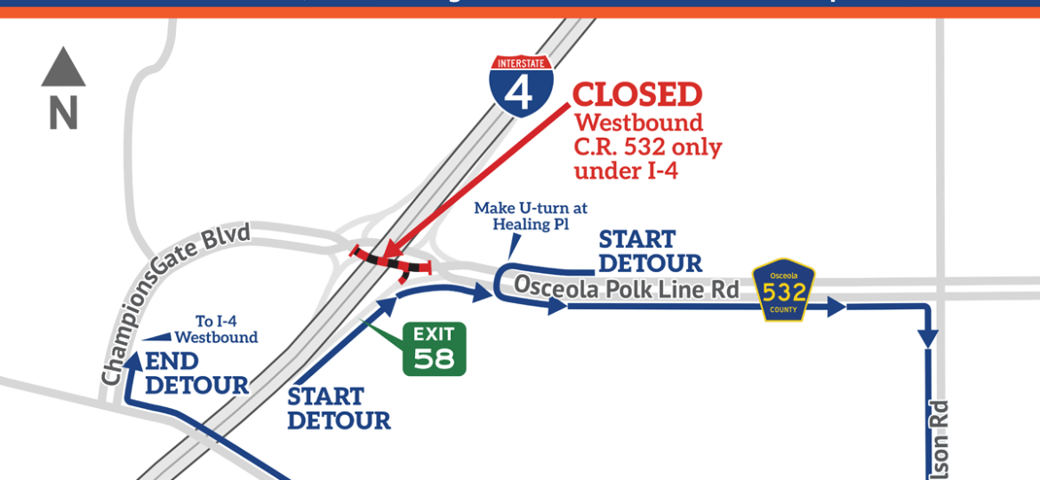 Road Closure: ChampionsGate Boulevard (C.R. 532) westbound under I-4