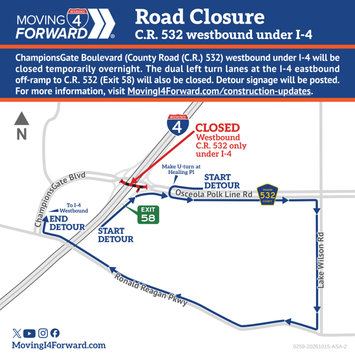 Road Closure: ChampionsGate Boulevard (C.R. 532) westbound under I-4