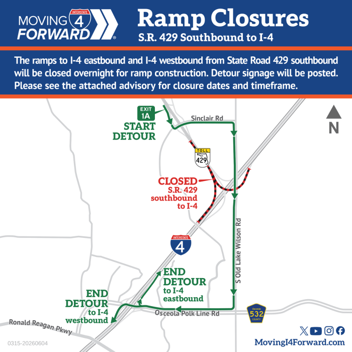 Ramp Closures: I-4 eastbound and I-4 westbound on-ramps from S.R. 429 southbound