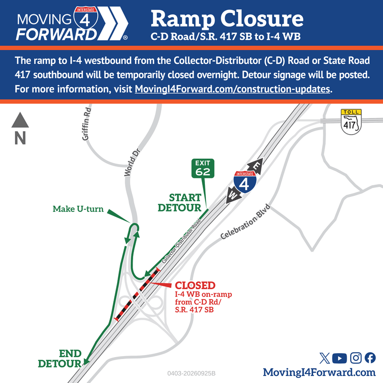 Ramp Closure: I-4 westbound Collector-Distributor (C-D) Road at World Drive and S.R. 417 southbound to I-4 westbound