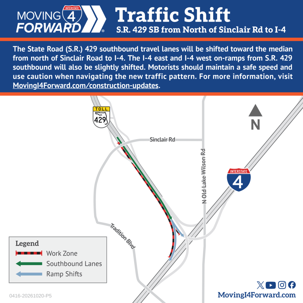 Shows new traffic pattern following the shif of State Road 429 southbound traffic.